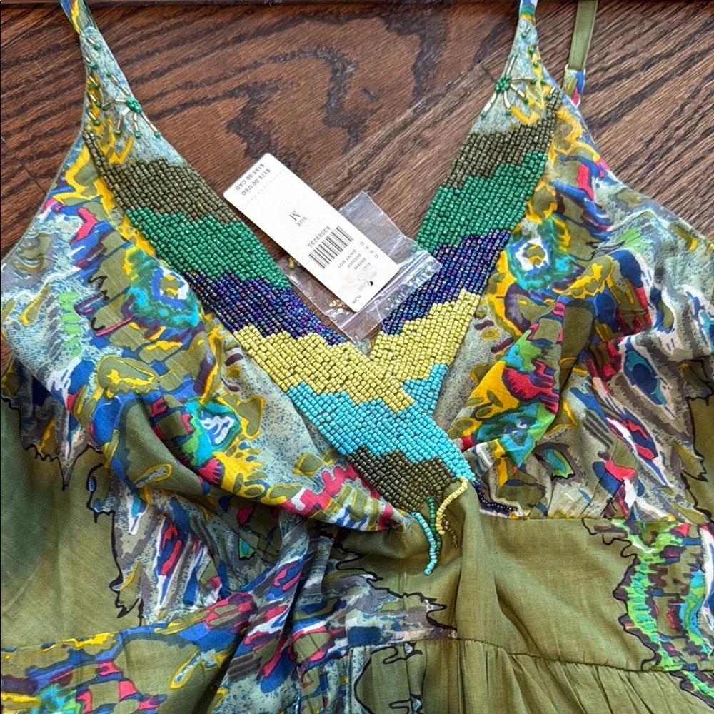 Anthropologie Green Tiered Maxi Dress with beaded detail - Picture 2 of 4